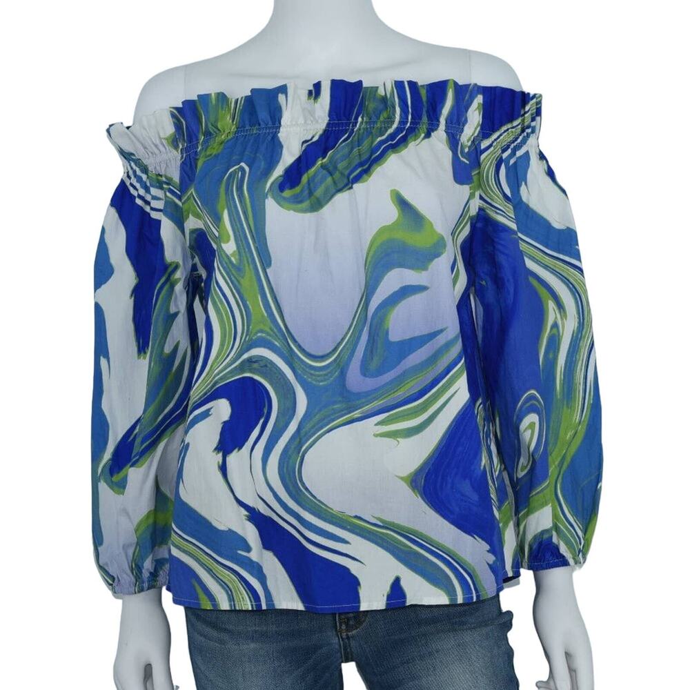 Anthropologie Perer Som Blouse Women‎ Size Small Off Shoulder Marbled Blue